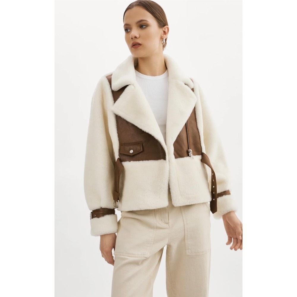 Lamarque Elody Ivory Brown Faux Fur Moto Jacket Medium